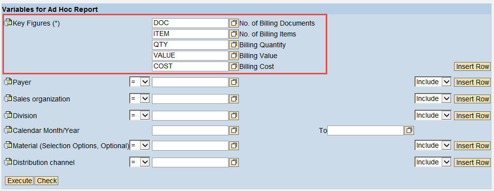 Key figure selection in variable screen
