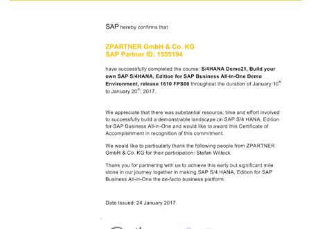 Stefan Witteck hat seine S/4HANA Demo21. Ein Zertifikat für den abgeschlossen Kurs S/4HANA Demo 21.