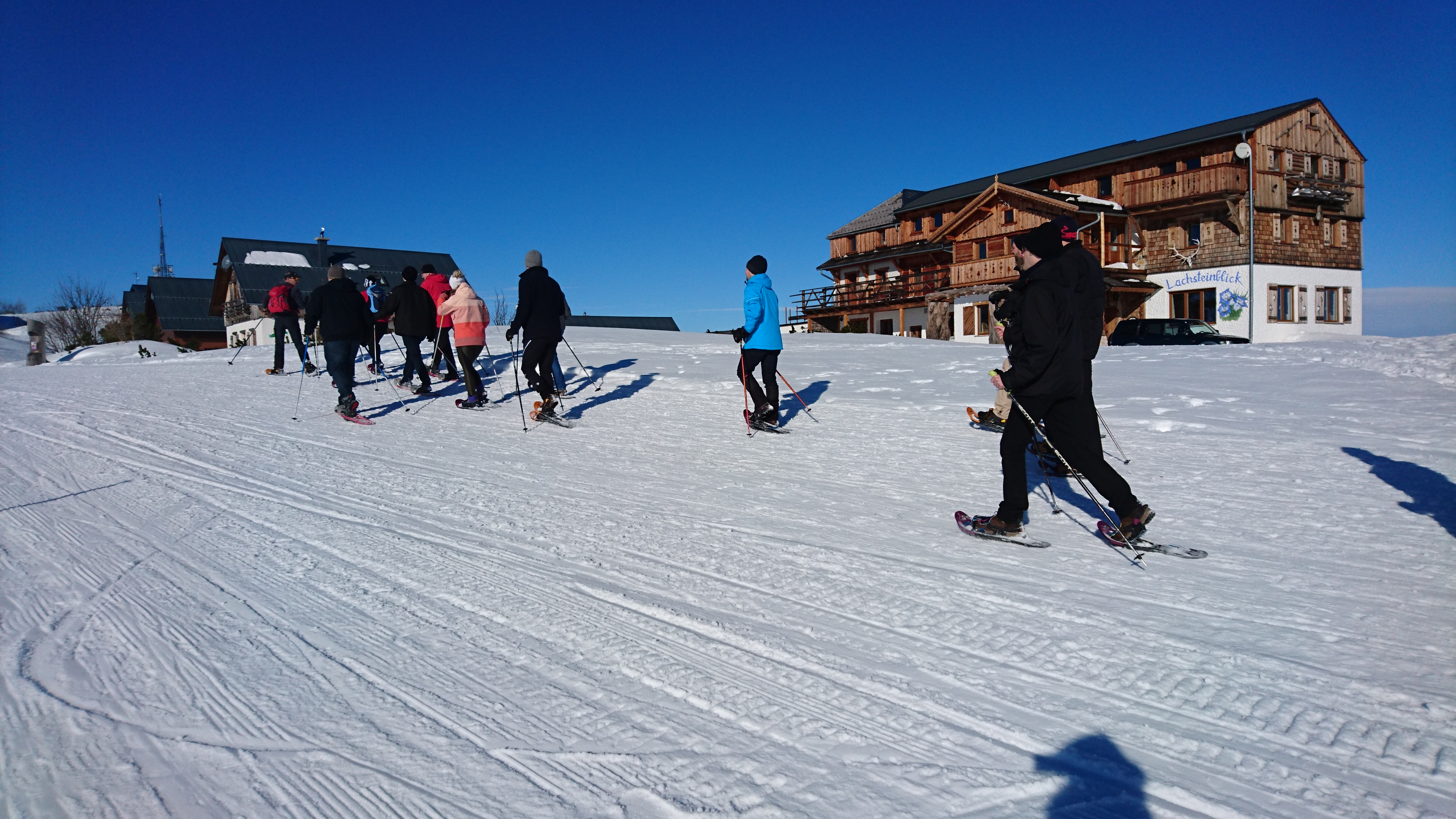 ZPARTNER Wintermeeting am Traunsee. Ein Teamfoto beim Schneeschuhwanderung in Traunkirchen.