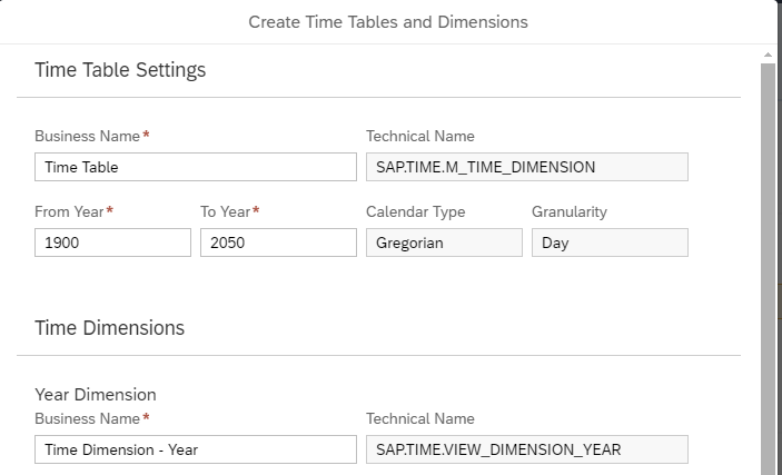 Screenshot Create Time Tables and Dimensions