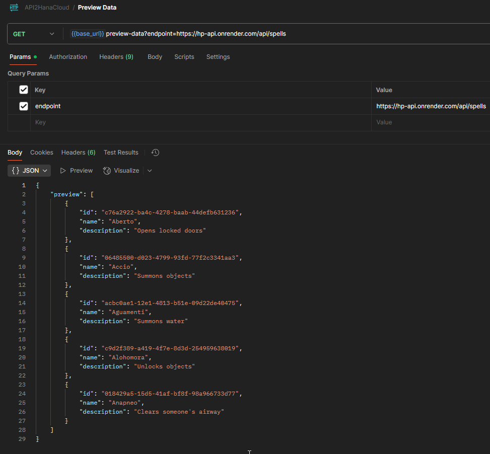 REST API response preview using JSON format: A Postman test fetches spell data from a public API. Each object includes an ID, name, and description—ready for processing and ingestion into SAP HANA.