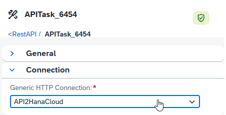 Binding the HTTP connection to an API Task: This UI screen shows the selection of the configured HTTP connection (e.g., API2HanaCloud) that enables secure REST API access within the task.