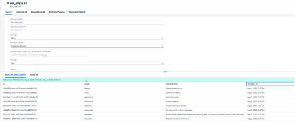 Previewing ingested data in SAP Datasphere: The screenshot displays the contents of the HP_SPELLS3 table populated with API data, including spell names and descriptions, along with timestamps indicating when the data was uploaded.