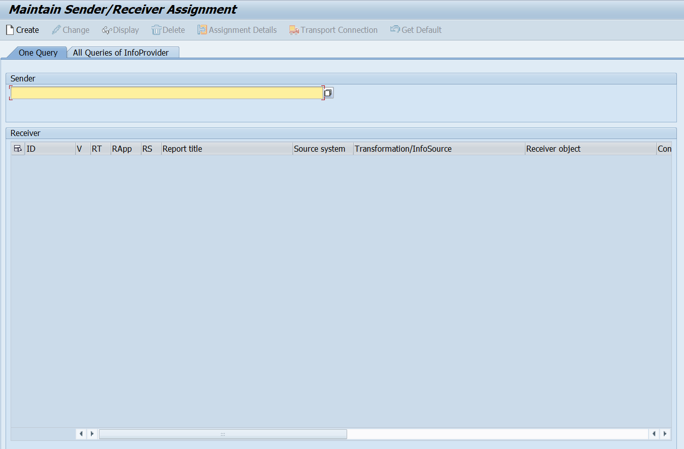 Screenshot of the SAP GUI screen “Maintain Sender/Receiver Assignment.” The fields for sender and receiver are currently empty, showing the initial state before configuration.