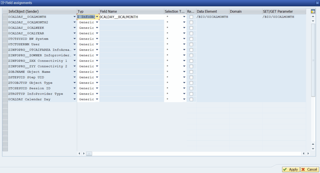 Screenshot of the “Field Assignments” screen in SAP GUI. It lists InfoObjects (e.g., 0CALDAY, 0CALMONTH, 0CALWEEK) along with their types, field names, and technical details such as data elements and domains.