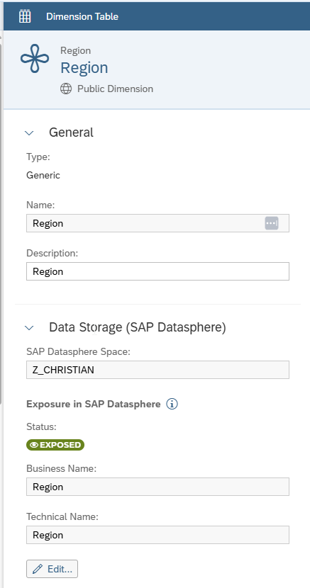 Configuration view of the "Region" public dimension in SAP Datasphere. Shows the data storage space, technical and business names, and exposure settings, confirming it is available for use in SAC models.