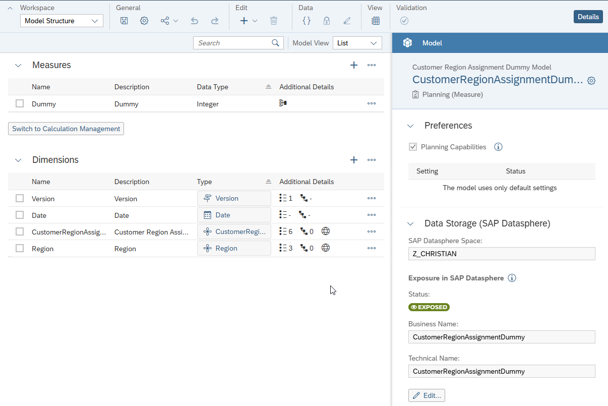Screenshot of a planning-enabled model in SAC called "CustomerRegionAssignmentDummyModel." Shows measures (dummy measure) and dimensions (Version, Date, CustomerRegionAssignment, Region), with data storage exposed to SAP Datasphere.