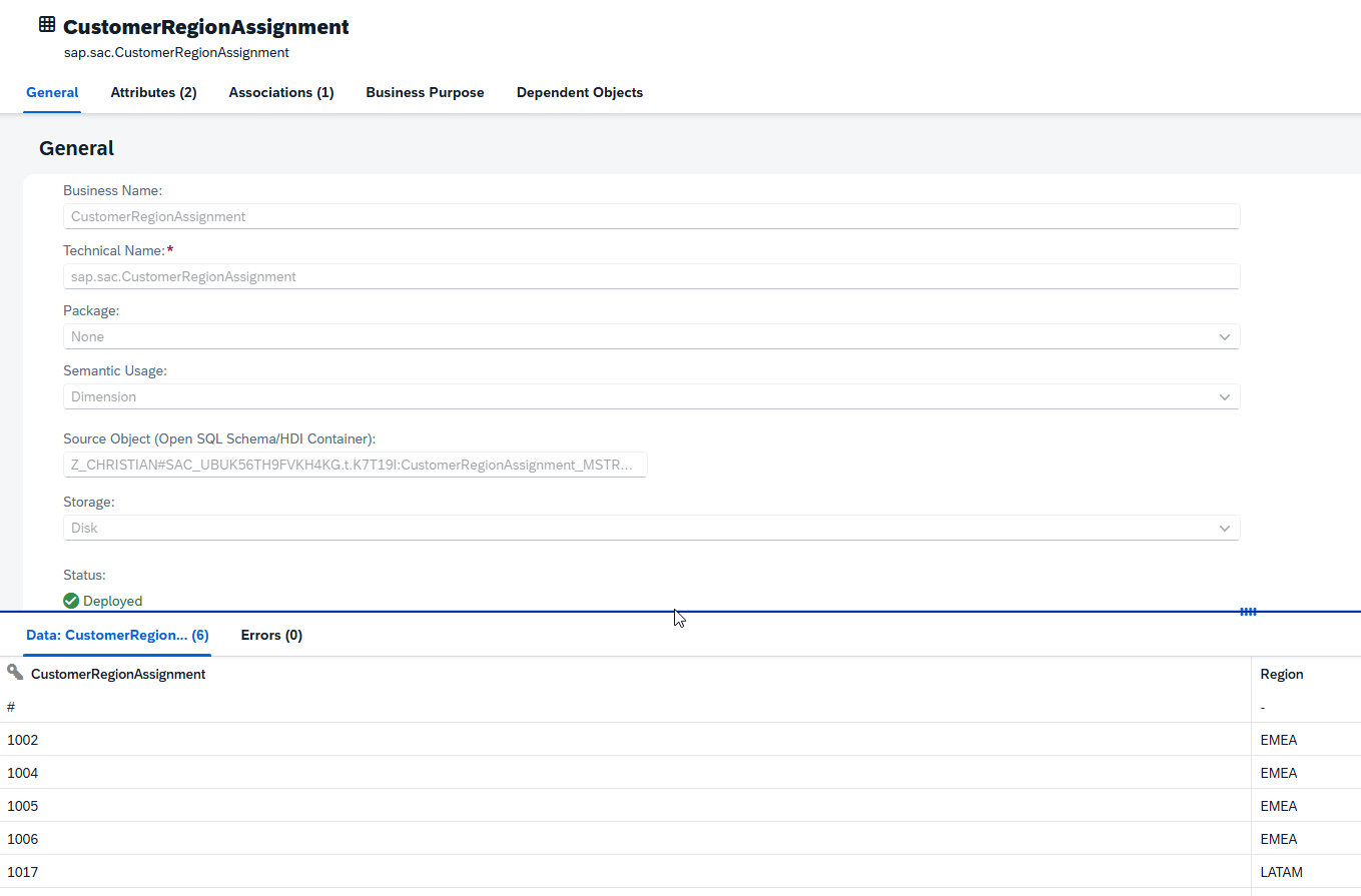 View of the deployed CustomerRegionAssignment dimension table in SAP Datasphere. The table lists customer numbers with their assigned regions (EMEA, LATAM, etc.), showing how region assignments are stored after synchronization.