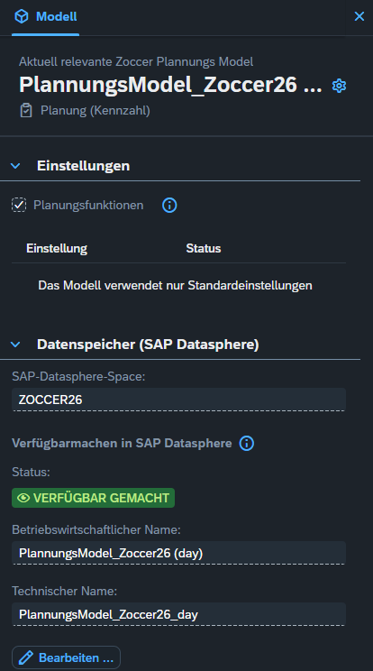 Seamless Planning in action: the ZOCCER26 planning model stores and exposes its data directly in SAP Datasphere.
