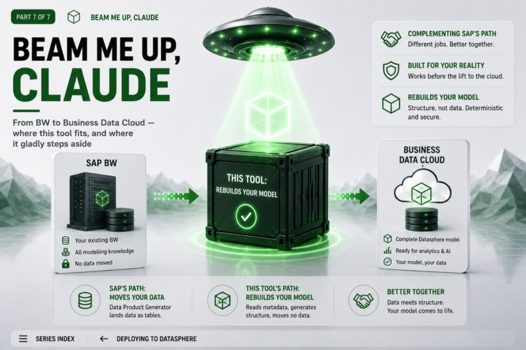 Beam me up, Claude — Part 7 of 7: SAP BW connected to Business Data Cloud, this tool rebuilding the model while SAP's Data Product Generator moves the data.