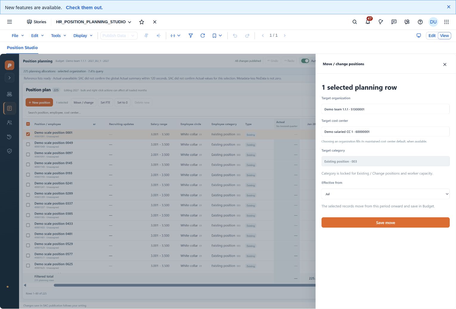Move / change panel in the custom planning widget with target organization, cost center and effective month for the selected row (demonstration data)