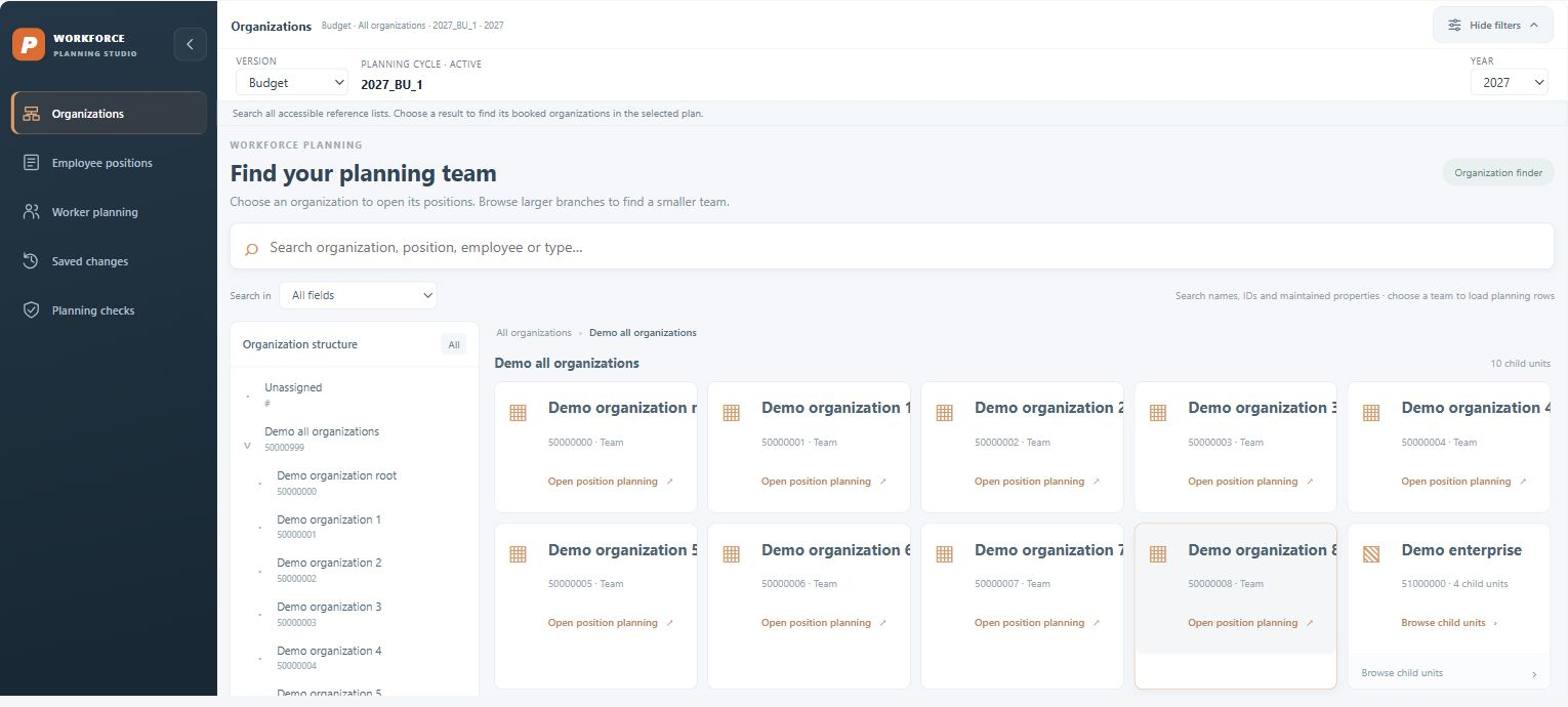 Entry screen of the custom planning widget in SAP Analytics Cloud with organization search and hierarchy navigation (demonstration data)