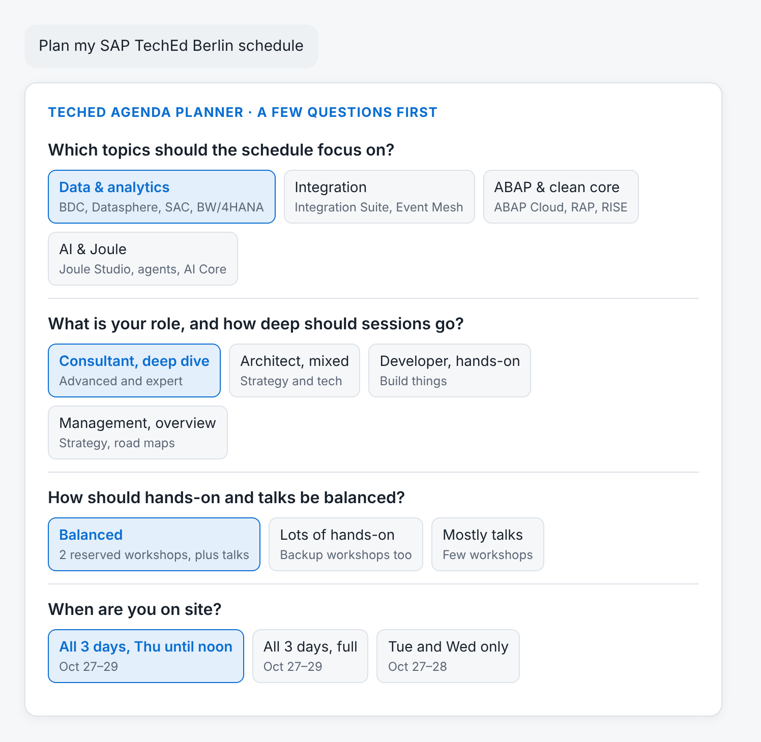 The skill's first questions: topics, role, format and travel days